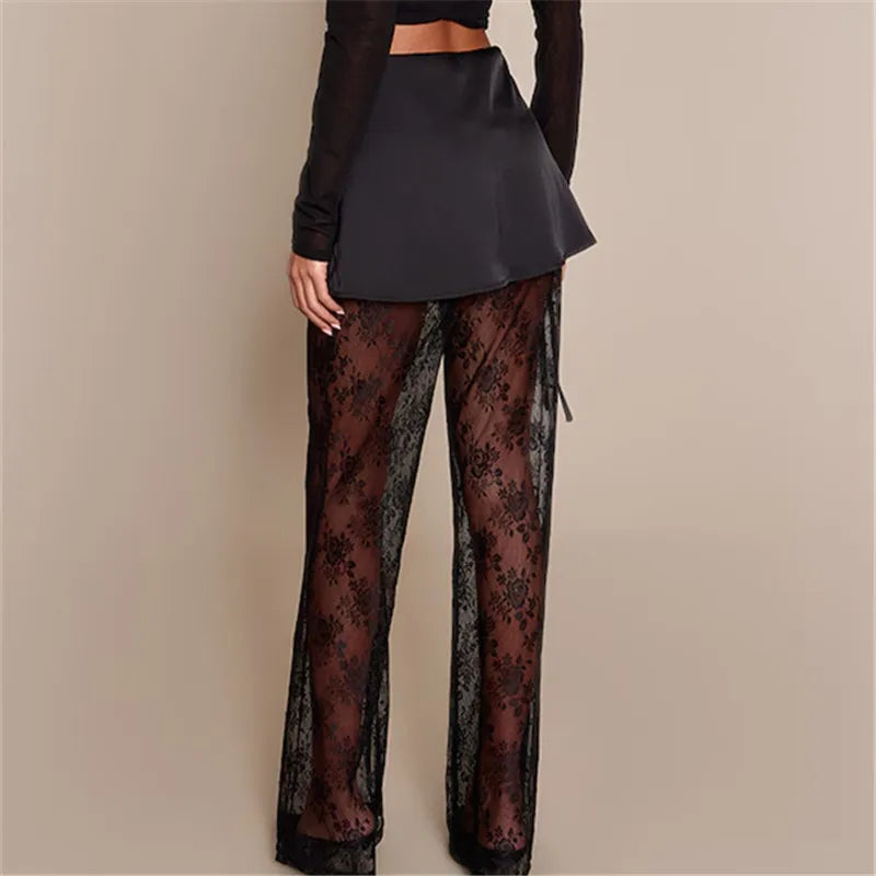 Women's Skirted Trousers Elastic Waist Wide Leg See Through Fashion Lace Floral Bloomer Pants Y2K Vintage Streetwear