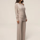 Leisure Elegant 2 Piece Set Women Trend Simple Skew Collar Full Sleeve T-Shirt+Patchwork Ruched Wide-Leg Pant Street Suit