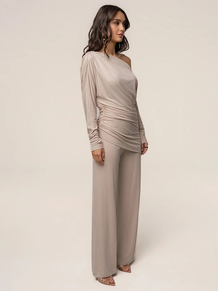 Leisure Elegant 2 Piece Set Women Trend Simple Skew Collar Full Sleeve T-Shirt+Patchwork Ruched Wide-Leg Pant Street Suit
