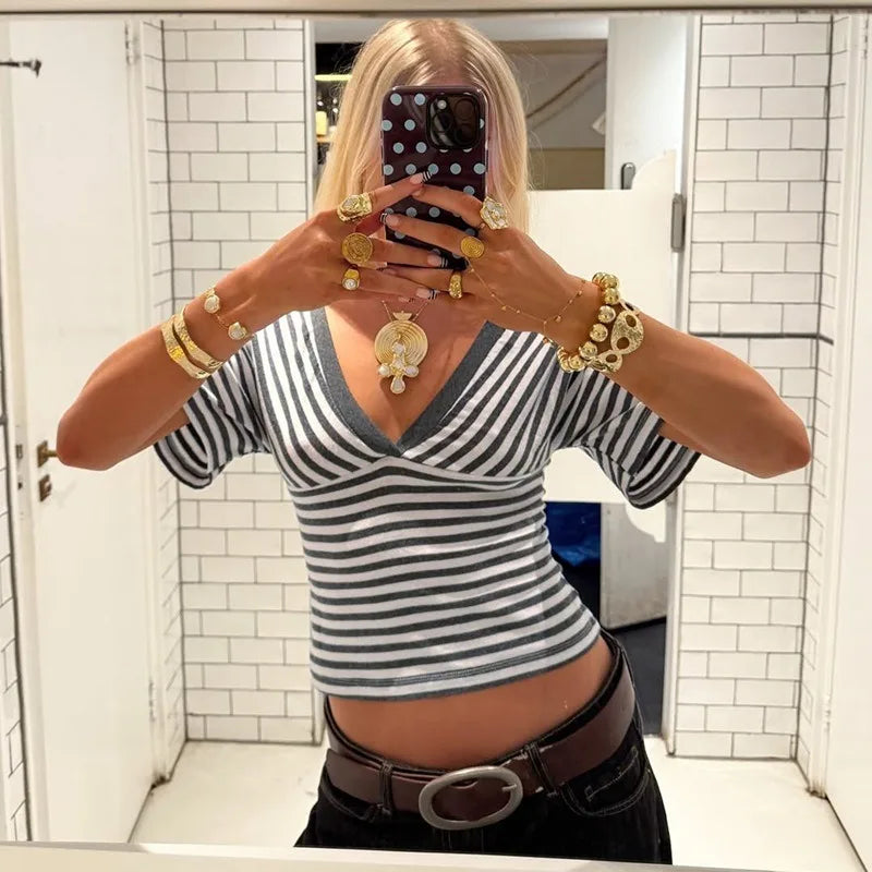 Striped Casual Tshirt Woman Clothes Fashion Deep V-Neck Batwing Sleeve Crop Tops Summer 2026