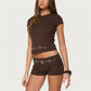 Women 2 Piece Set Rivet Trim Crew Neck Short Sleeve Crop Top Fold Over Waist Booty Shorts Y2K Streetwear Matching Set