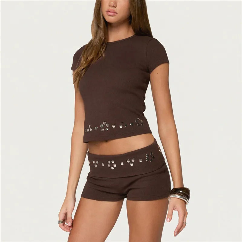 Women 2 Piece Set Rivet Trim Crew Neck Short Sleeve Crop Top Fold Over Waist Booty Shorts Y2K Streetwear Matching Set