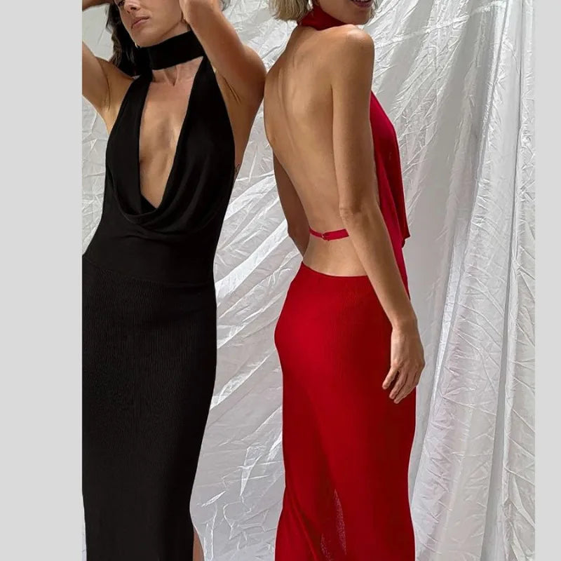 Deep V-neck Halter Backless Side Split Maxi Dresses Women Elegant Sexy Black Red Evening Party Dress