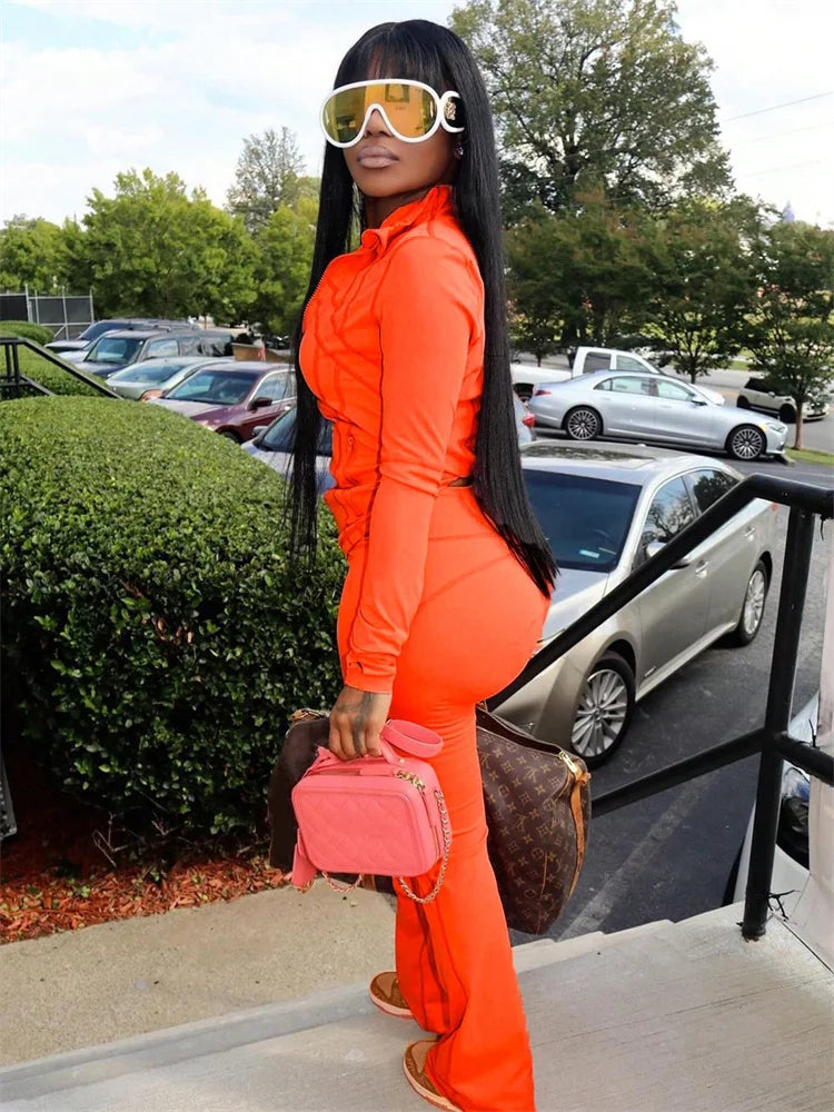 Sporty 2-Piece Set Women Zip o-Neck Hollow Long Sleeve Coat+Stretch Trouser Solid Autumn Trend Simple Daily Street Suits