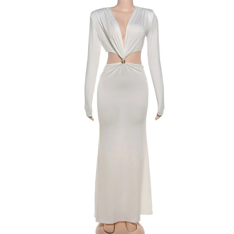 Deep V Neck Cutout Long Sleeve Maxi Dresses for Woman White Sexy Outfits Evening Party Dress for Dinner