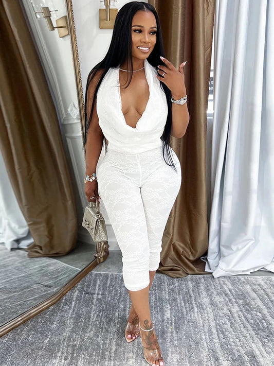 Swing Collar Jacquard Playsuit Women Lace-Up Backless Halter Skinny Sexy Midnight Summer Trend Classic Simple Romper