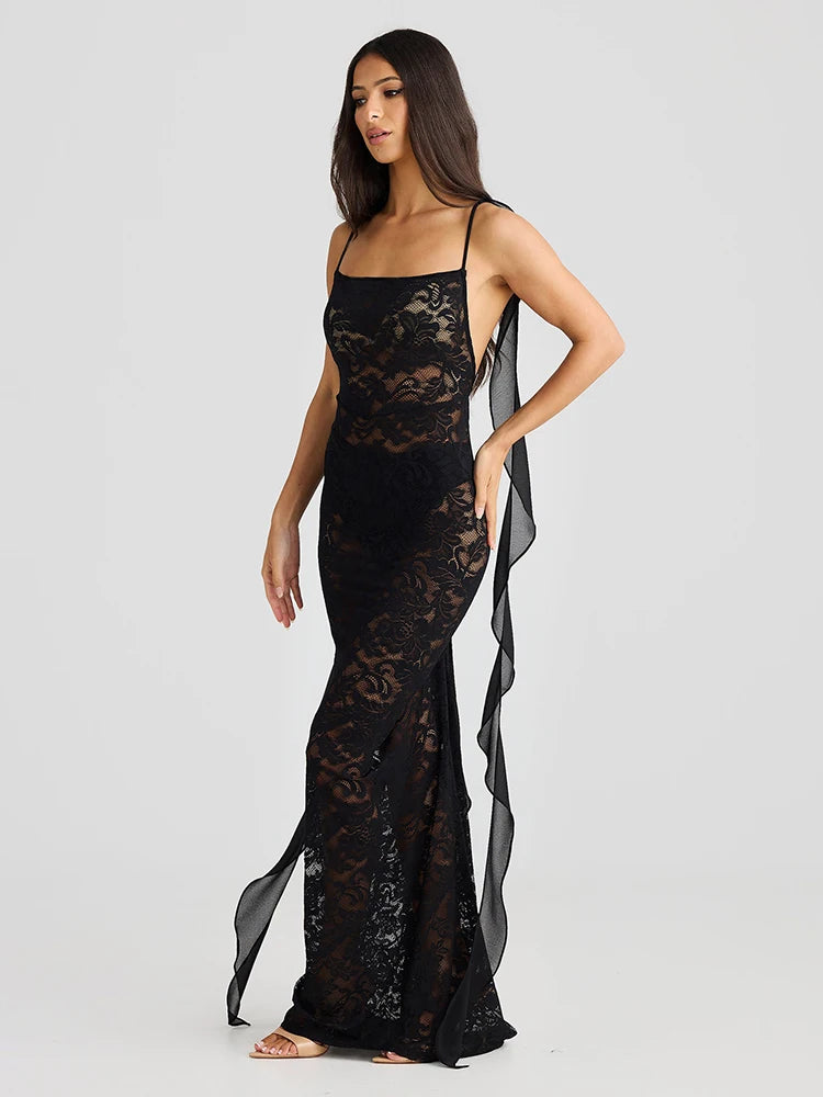 Mesh Patchwork Dress Women Sexy Jacquard Backless Sleeveless Long Ribbon Midnight Hipster Coquett Club Party Outfits