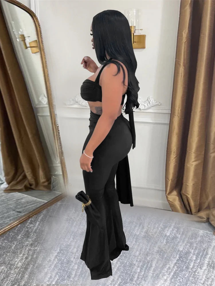 Sexy Chic 2 Piece Set Women Summer Halter Backless Knot Camisole+Metal Ruched Ribbon Flare Pants Matching Outfits