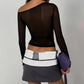 Shirring Slash Neck T-Shirt Women Autumn Mesh Patchwork Full Sleeve Sexy Simple Fashion Skinny Party Street Crop Tees