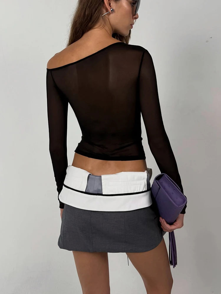 Shirring Slash Neck T-Shirt Women Autumn Mesh Patchwork Full Sleeve Sexy Simple Fashion Skinny Party Street Crop Tees