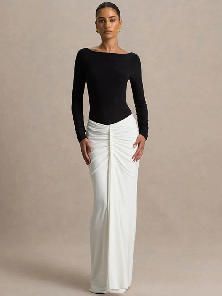 Long Sleeve Backless Sexy Maxi Dress Women Gown Fashion Patchwork High Waist Draped Ruched Club Party Long Dresses