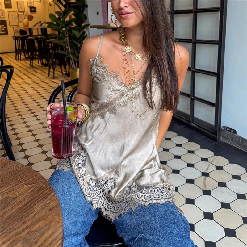 Women Y2K Lace Patchwork Camisole Low Cut Satin Sleeveless Backless Spaghetti Strap Solid Color Going Out Tank Tops