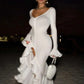 Flare Long Sleeve Ruffle Sexy Maxi Dress Women Autumn Pink V Neck Single-breasted High Waist Club Long Dresses Female