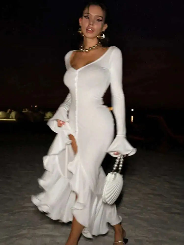 Flare Long Sleeve Ruffle Sexy Maxi Dress Women Autumn Pink V Neck Single-breasted High Waist Club Long Dresses Female