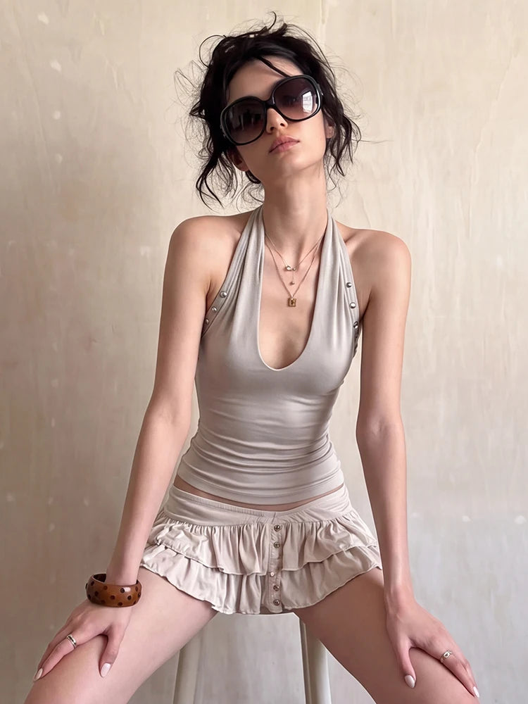False Button Decoration Vest Women Halter Backless v-Neck Simple Summer Fashion Music Festival Elasticity Streetwear