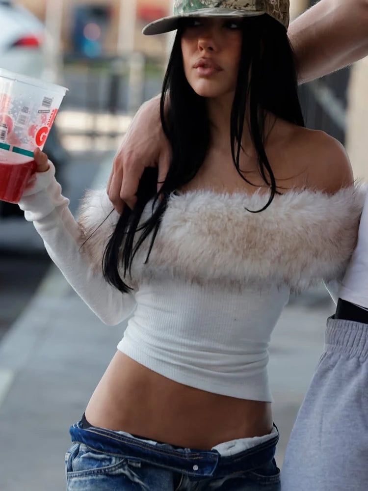 Detachable Fur Collar Crop Tops Women Slash Neck Full Sleeve Skinny Simple Street Autumn Trend Streetwear T-Shirts