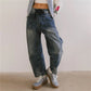 Vintage Cargo Jeans Women Drawstring Waist Loose Barrel Leg Denim Pants Casual Streetwear Y2K Grunge Summer Trousers