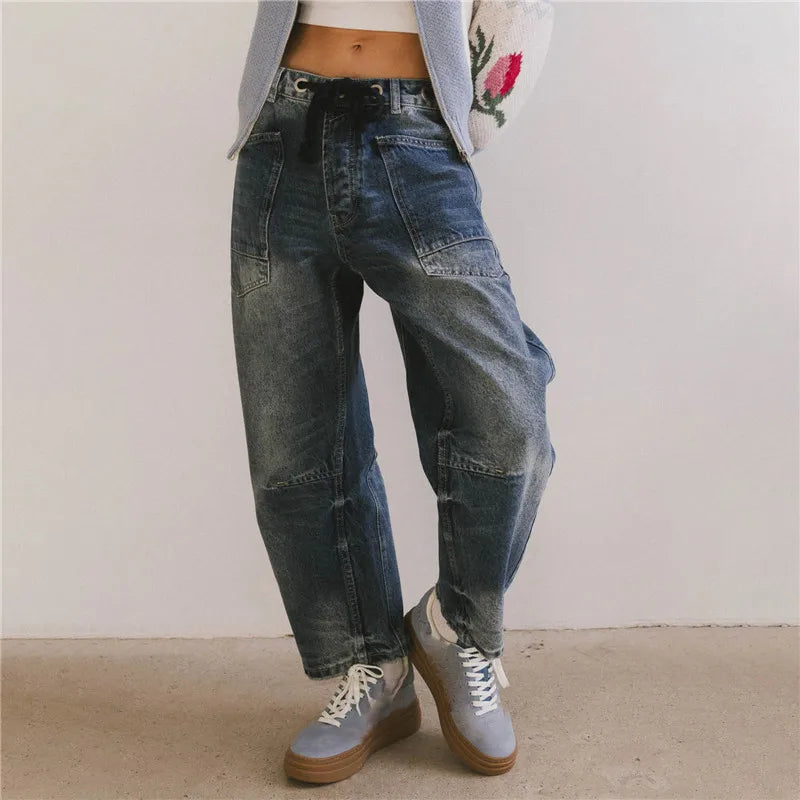 Vintage Cargo Jeans Women Drawstring Waist Loose Barrel Leg Denim Pants Casual Streetwear Y2K Grunge Summer Trousers