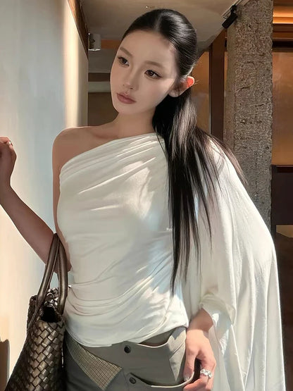 Slanted Shoulders t-Shirt Women One-Sided Flare Sleeve Folds Solid Skinny Simple Classic Street Leisure Chic Outfit
