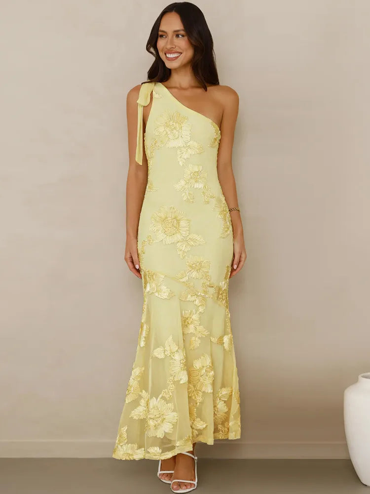 3D Floral Applique Sexy Maxi Dress Women Elegant One Shoulder Backless Sleeveless Bodycon Club Party Evening Long Dress