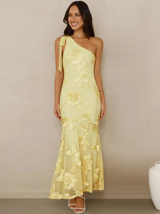 3D Floral Applique Sexy Maxi Dress Women Elegant One Shoulder Backless Sleeveless Bodycon Club Party Evening Long Dress