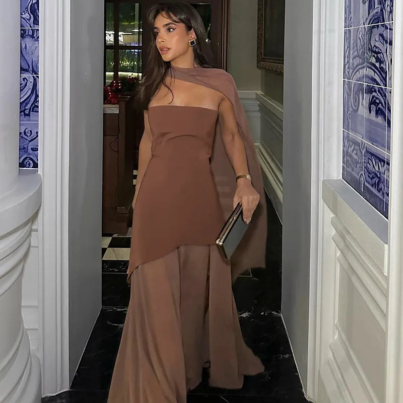 Sheer Mesh Splicing Tube Dress with Scarf Elegant Backless Split Long Dresses Woman Party Outfits