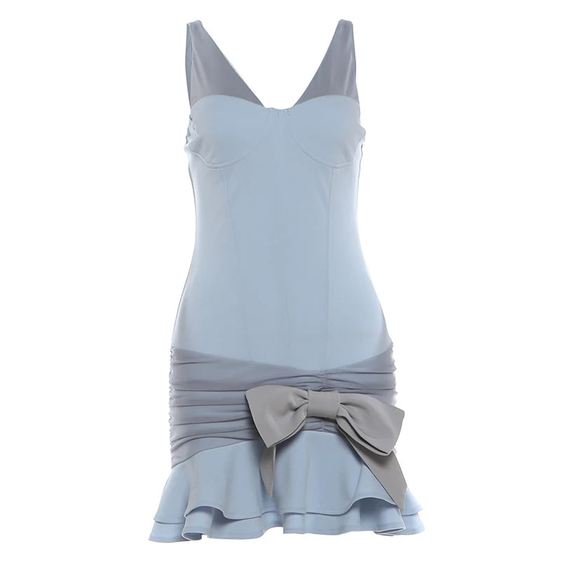 Patchwork Dress Women Bow Decoration v-Neck Ruffles Sleeveless Skinny High Elasticity Sweet Fashion Mini Bodycon