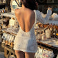 Sexy Shirring Backless Knit Dress Women Fashion Simple 3D Applique See Through Puff Sleeve Trend Party Club Bodycon