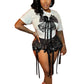 Trend 2 Piece Set Women Summer Applique Print Shorts Sleeve Crop Tops+Sexy See Through Bow Tassel Shorts Streetwear