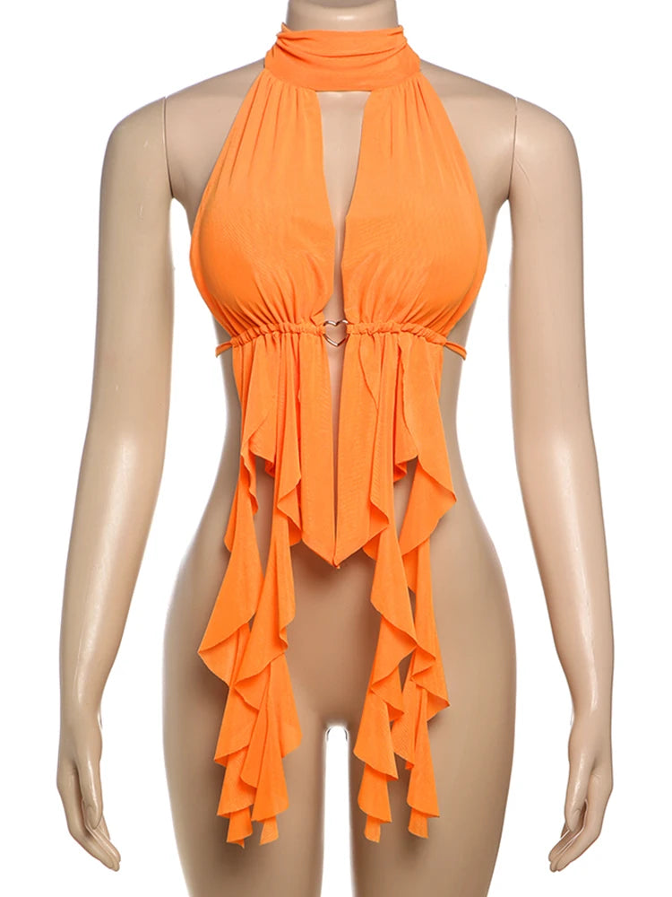 Sexy Tank Tops Women Tassel Irregular Hem Halter Lace-Up Love Metal Ring Skinny Backless Sleeveless Midnight Camisole