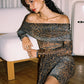 Leopard Print Two Piece Set Women Long Sleeve Strapless Top And Maxi Skirt Matching Sets Female Elegant Print Dress Set