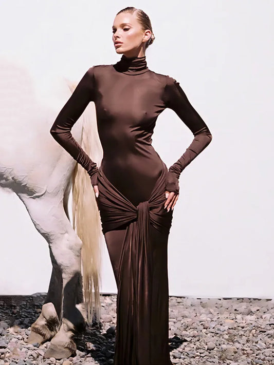 Turtleneck Long Sleeve Maxi Dress For Women Fashion Irregular Bodycon Long Dress Femme Temperament Evening Dress