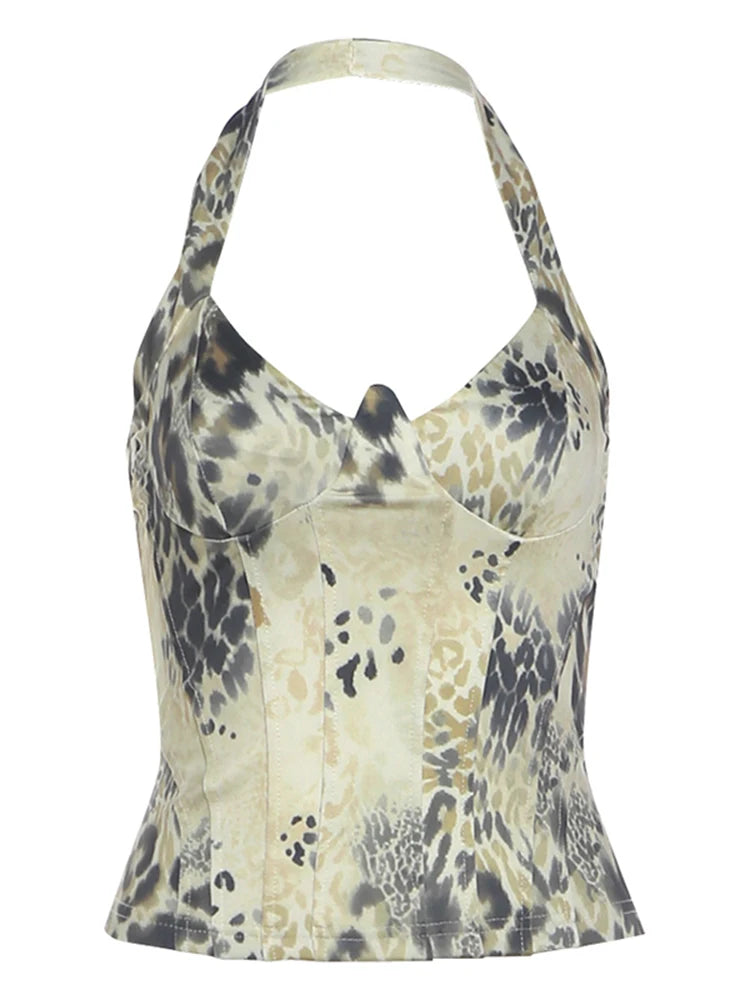 Halter Vest Women Fake Fishbone Decoration Low-Neck Backless Leopard Print Slim Sexy Midnight Summer Wild Streetwear