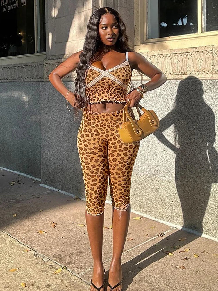 Tracksuit Women 2 Piece Set Casual Leopard Print Y2K Camisole+Mid Pants Tight Stretch Skinny Matching Street Outfits