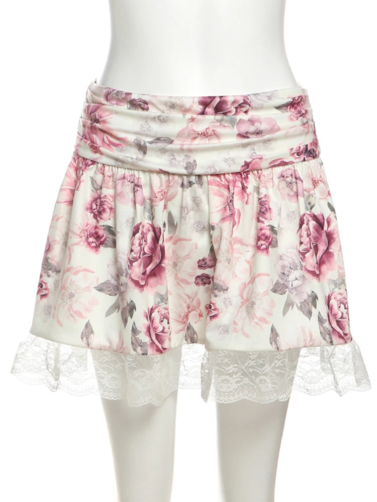 Flower Print 2-Piece Set Women Y2K Single-Breasted Metal Buckle Wrap Top+Lace Folds Hem Skirt Sweet Matching Suits