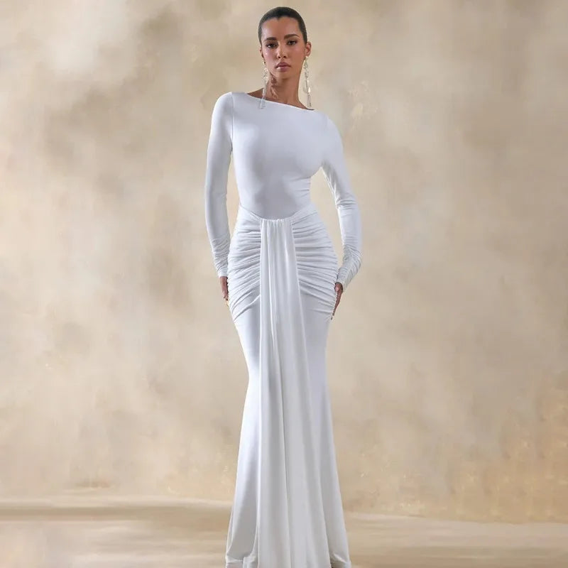 Long Sleeve Draped Front Maxi Dress 2026 Evening Gown White Classy Dresses for Woman Elegant Fall Clothing