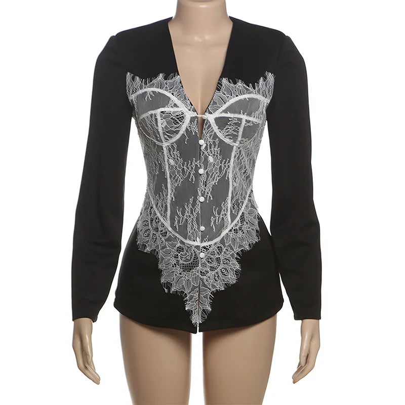 Lace Patchwork Black Blazer for Woman Jacket Long Coat Fall 2025 Fashion Elegant Tops for Woman Luxury