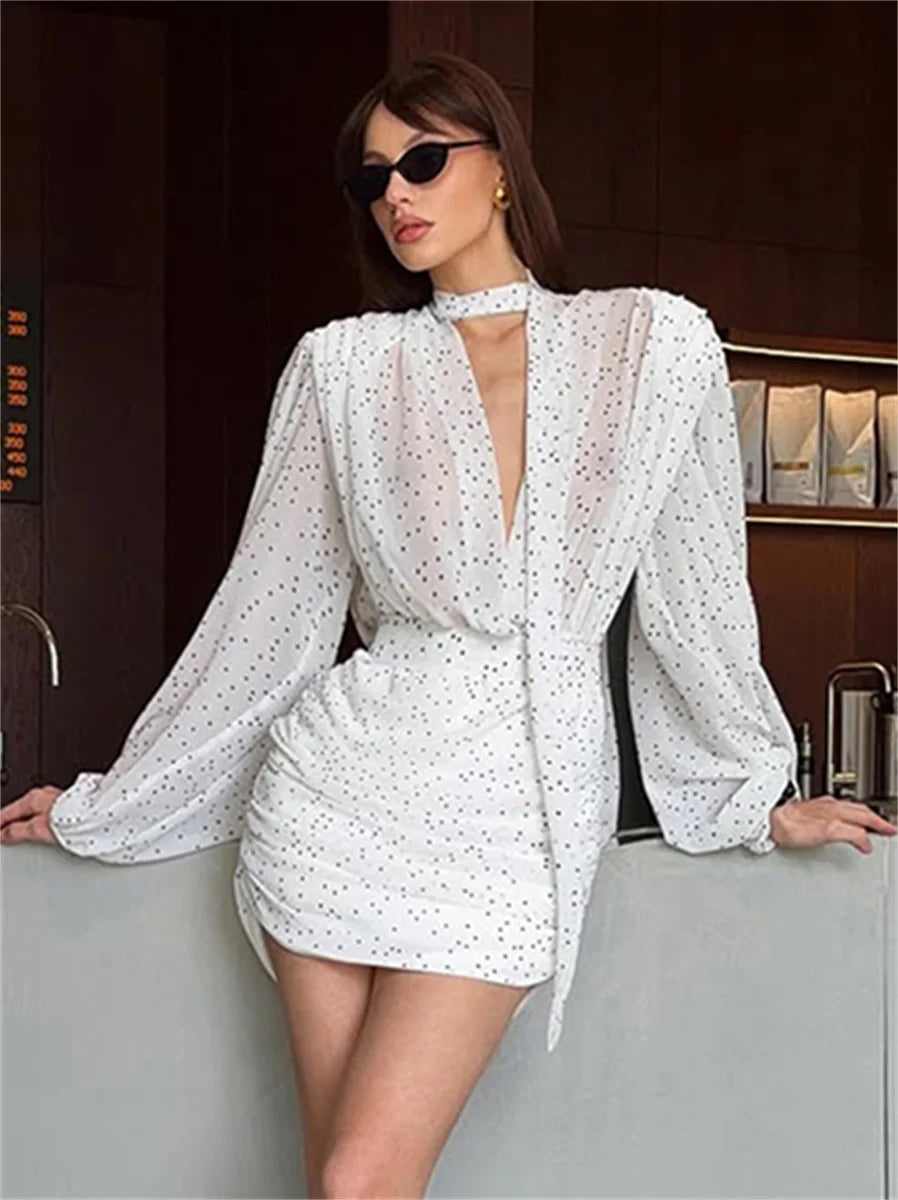 Lantern Sleeve Sexy Deep V-Neck Mesh Dress Women Trend Polka Dot Print Ruched Patchwork Chic Party Peach Hip Mini Bodycon
