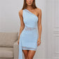 Elegant Women One Shoulder Lace Patchwork Mini Dress Ruched Bodycon with Sash Detail Summer Party Club Cocktail Events
