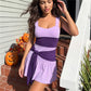 Summer Color Block Mini Dress Women Wide Strap Sweetheart Neck Side Sash Tie Fake Two Piece Skort Dress Beach Vacation