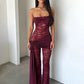 Lace Strapless Jumpsuits Women Ruched Sash Wrap Flare Pants See Through Mesh Bodycon Romper Night Club Party Jumpsuit