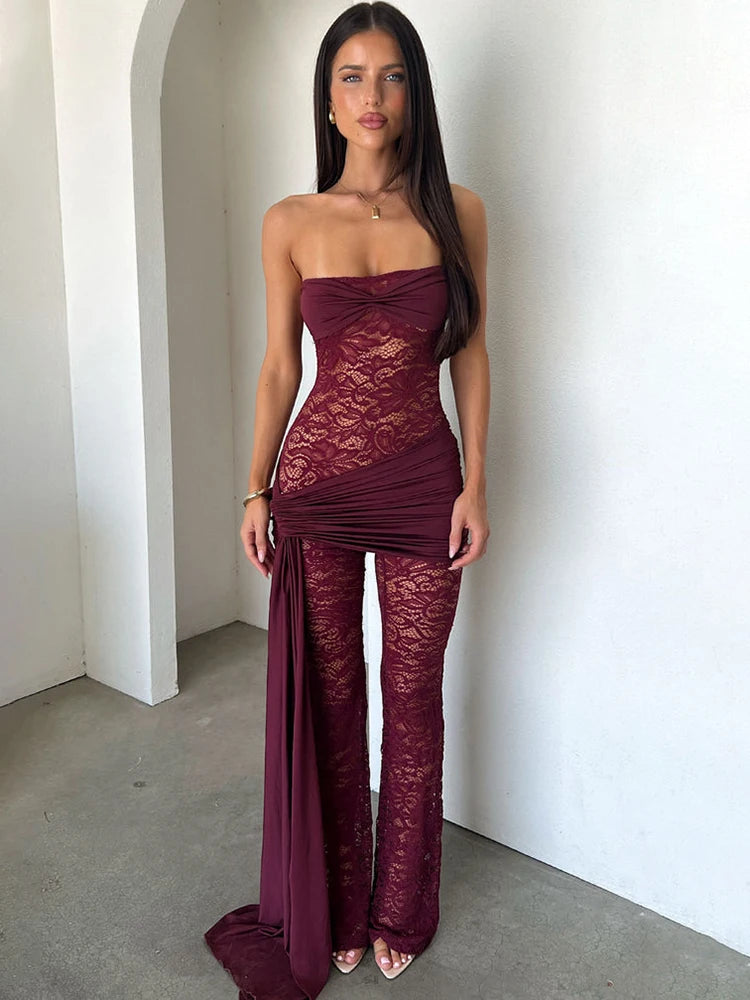 Lace Strapless Jumpsuits Women Ruched Sash Wrap Flare Pants See Through Mesh Bodycon Romper Night Club Party Jumpsuit