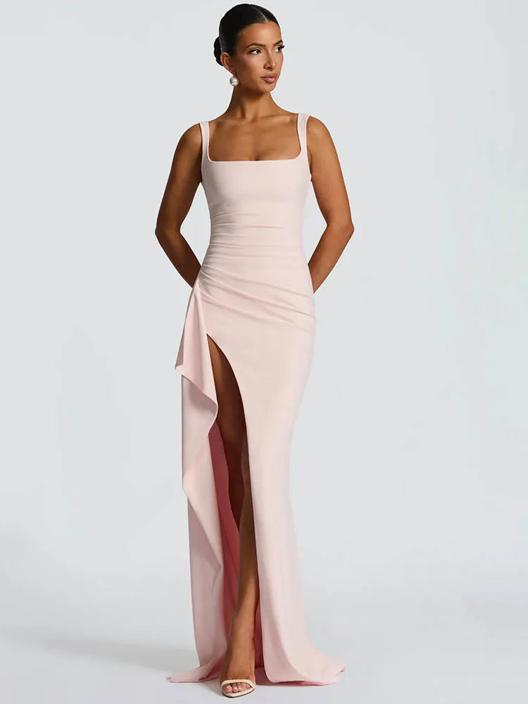 Elegant Spaghetti Strap Sexy Maxi Dress Women Gown Fashion Sleeveless Backless Thigh High Split Draped Club Long Dress