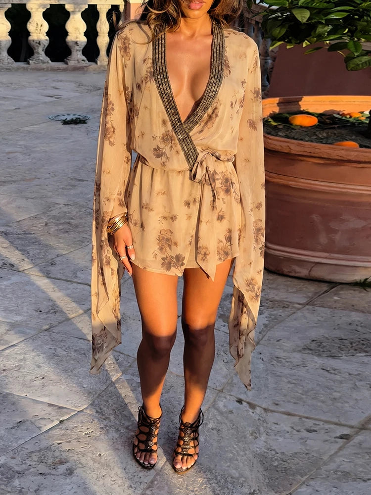 Sequins Patchwork Dress Woman Autumn Trend Floral Print Low-Neck Batwing Sleeve Street Ruched Elegant Mini Bodycon