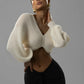 Knit Crop Sweater Women Y2K Lantern Sleeve Casuals Autumn Simple Classic Comfortable Elegant Basic V-Neck Loose Tops