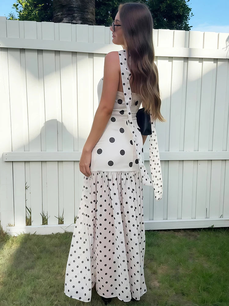 Polka Dot Print Dress+Silk Scarf Women Sexy Fashion Mesh Patchwork Hem Sleeveless Elegant Trend Party Club Bodycon