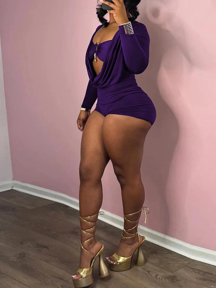 Swing Collar Romper+Metal buckle Bra Sexy Women Hipster Midnight Party Coquette New Autumn Trend Workout Playsuits
