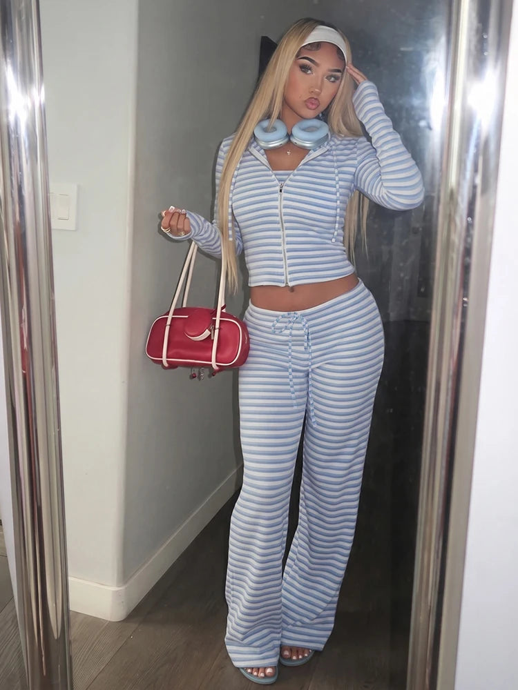 Casuals Stripes 2 Piece Set Women Trend Hooded Zip Full Sleeve Jacket+Drawstring Wide-Leg Pants Fashion Streetwear