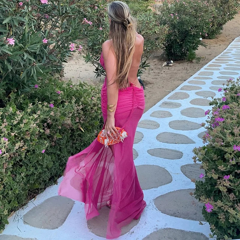 Hollow Backless Split Maxi Dresses Sexy Mesh Sheer Long Party Dress Woman Elegant Resort Wear