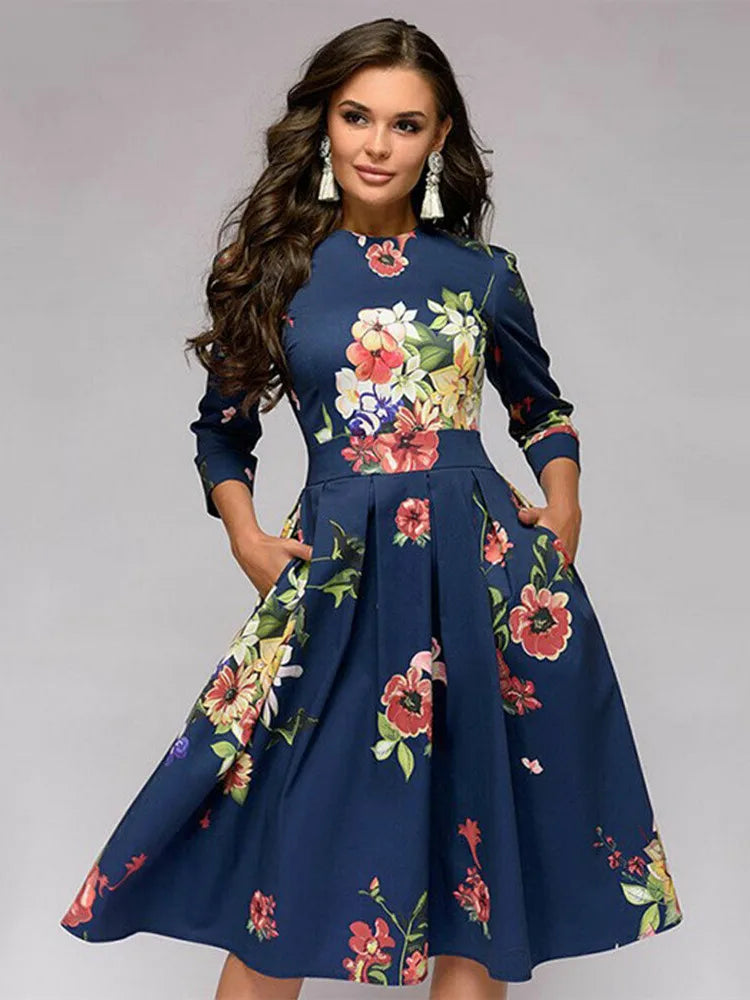 Vintage pleated tunic print dress women Elegant ladies A line dresses Long sleeve female autumn mixi party dress vestidos